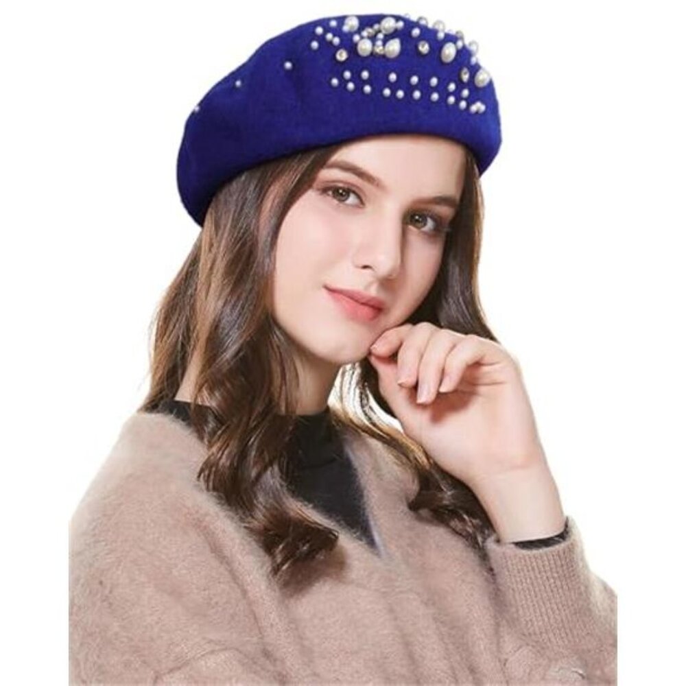 Women's French Wool Beret with Pearl & Rhinestone Embellishments Beanie Cap
